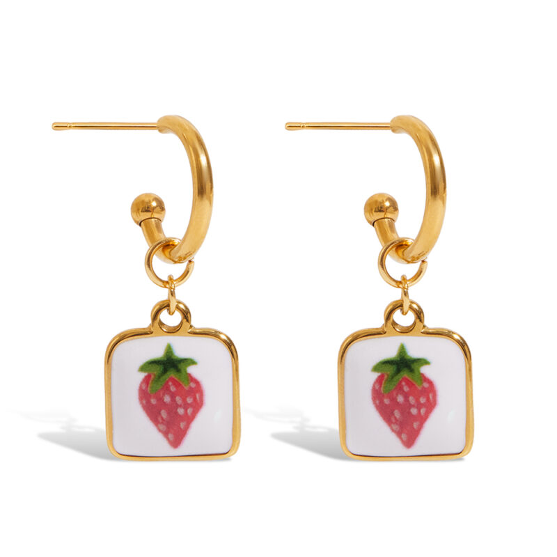 Romantic Gold Enamel Strawberry Print Earrings