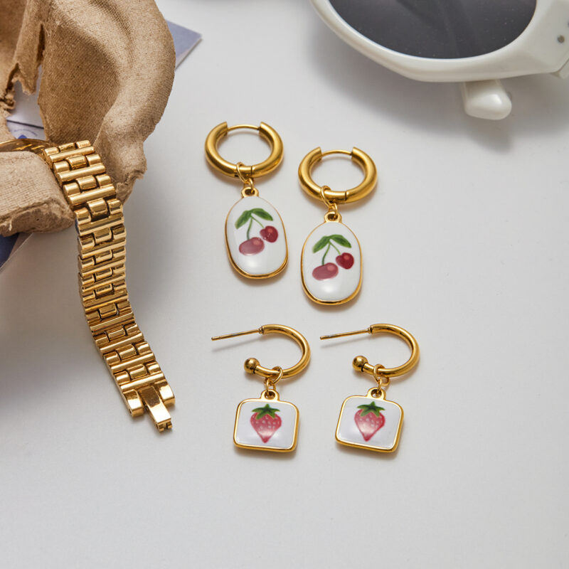Romantic Gold Enamel Cherry Dangle Earrings - Image 4