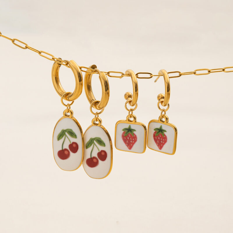 Romantic Gold Enamel Cherry Dangle Earrings - Image 5