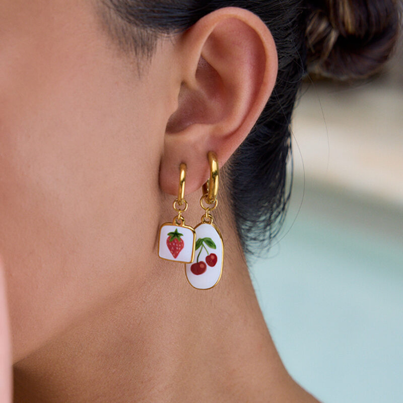 Romantic Gold Enamel Cherry Dangle Earrings - Image 2