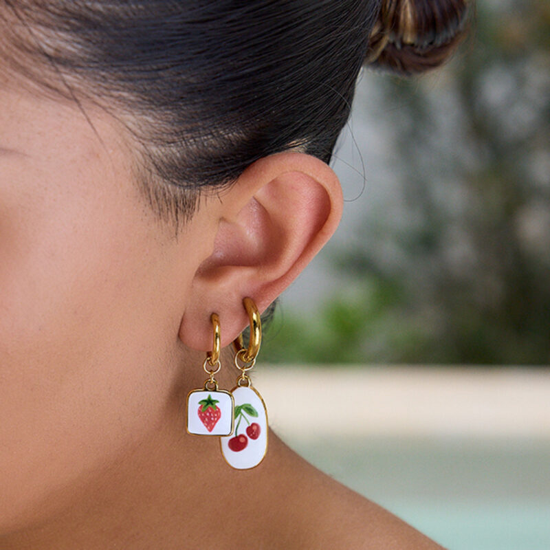 Romantic Gold Enamel Cherry Dangle Earrings - Image 3