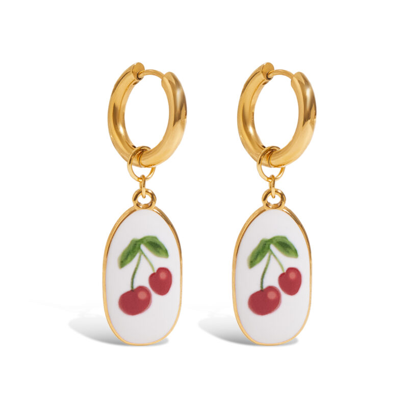 Romantic Gold Enamel Cherry Dangle Earrings
