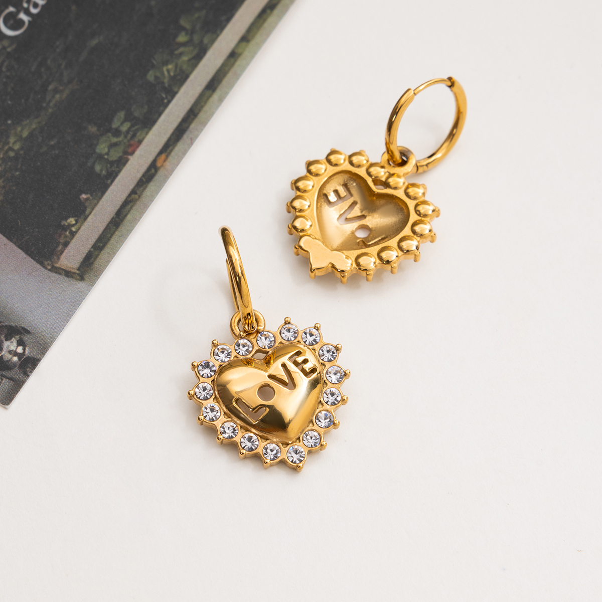 Gold Stainless Steel White Diamond Love Pendant Earrings - Image 4