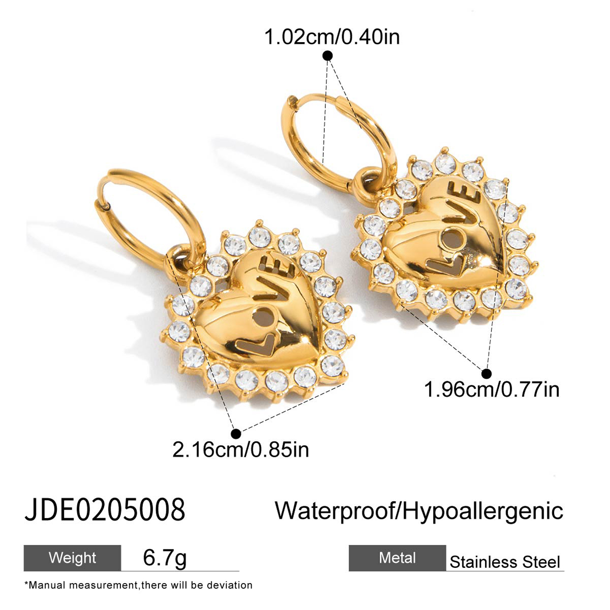 Gold Stainless Steel White Diamond Love Pendant Earrings - Image 5