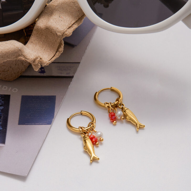 Crystal Pearl Fish Charm Drop Earrings - Image 5