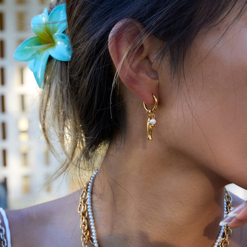 Crystal Pearl Fish Charm Drop Earrings - Image 2
