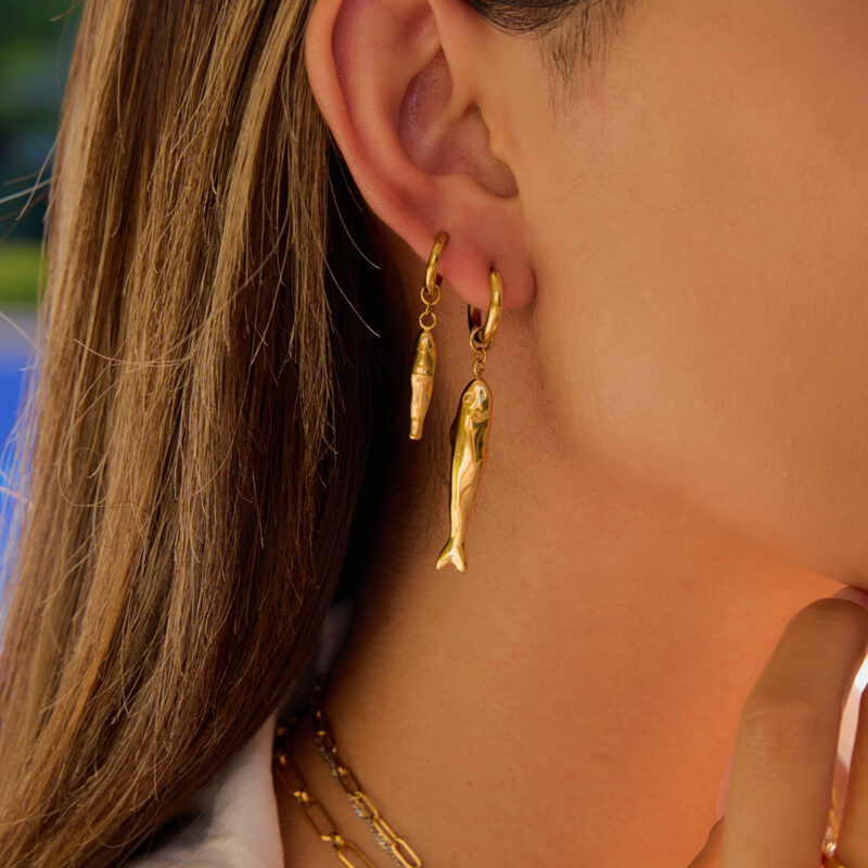 Gold Small Fish Pendant Earrings - Image 2