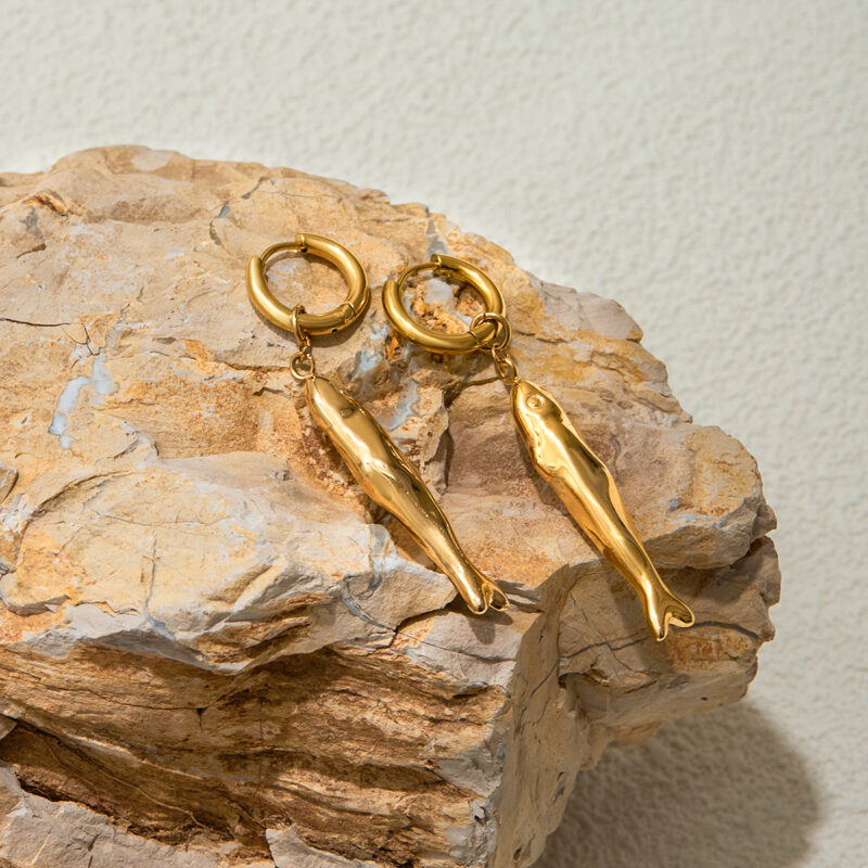 Gold Large Fish Pendant Earrings - Image 3