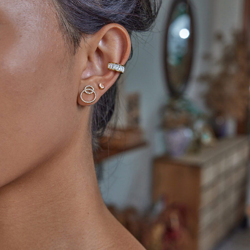 Gold White Zirconia ABS Pearl Front Back Earrings - Image 3