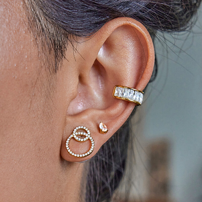 Gold White Zirconia ABS Pearl Front Back Earrings - Image 4