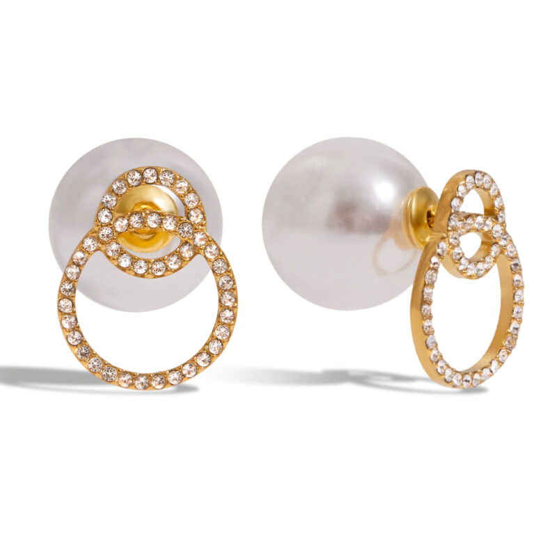 Gold White Zirconia ABS Pearl Front Back Earrings