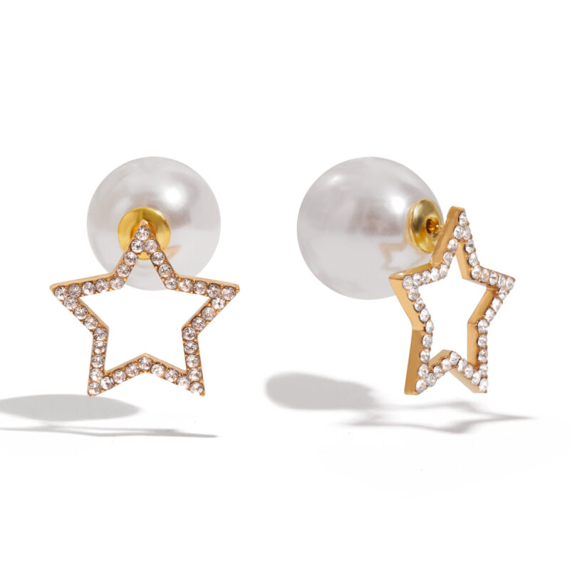 Hollow Star Pearl Earrings Gold Stainless Steel