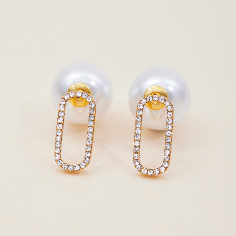 Hollow Oval Pearl Earrings Gold Stainless Steel - Image 4