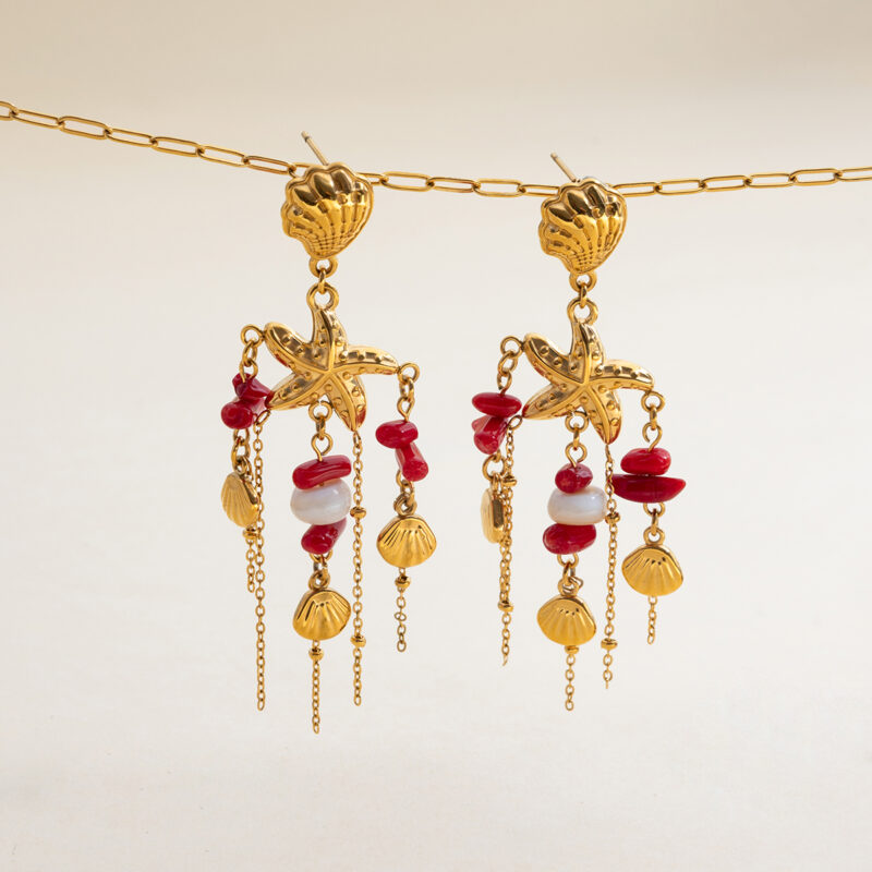 Coral Starfish Tassel Earrings Boho Gold Jewelry - Image 3