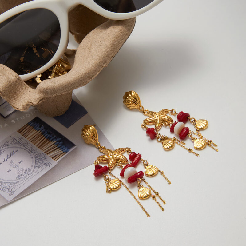 Coral Starfish Tassel Earrings Boho Gold Jewelry - Image 2