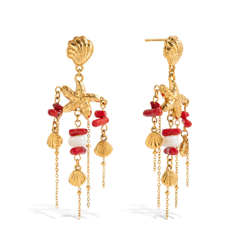 Coral Starfish Tassel Earrings Boho Gold Jewelry