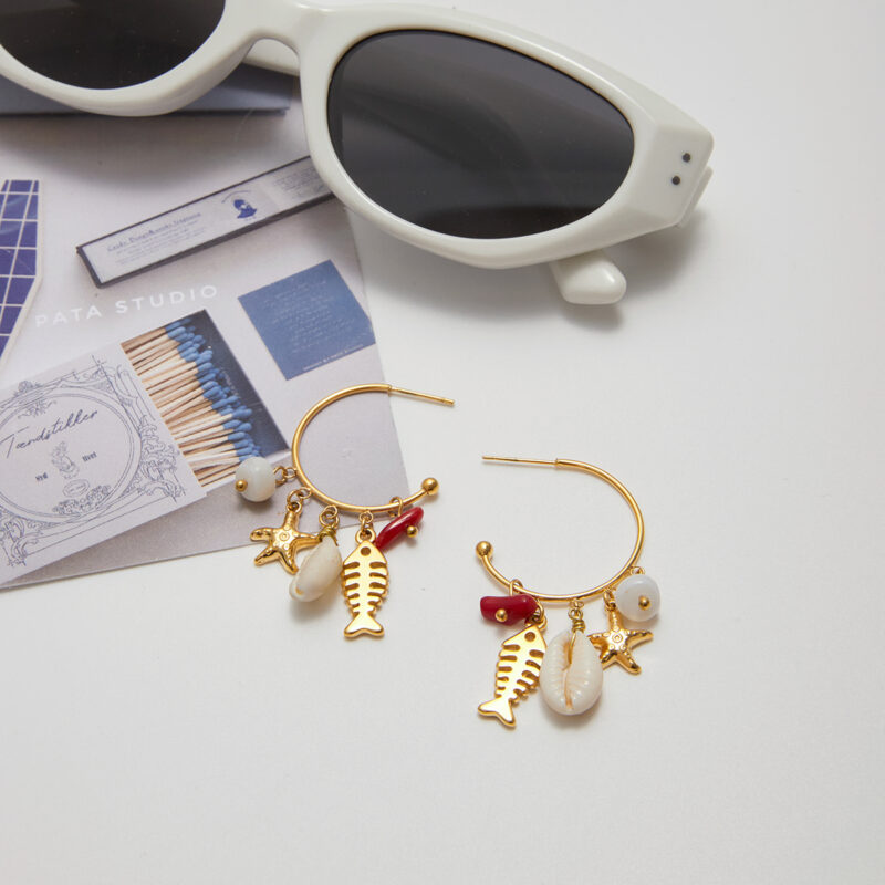 Fishbone Coral Shell Tassel Earrings Boho Gold - Image 2