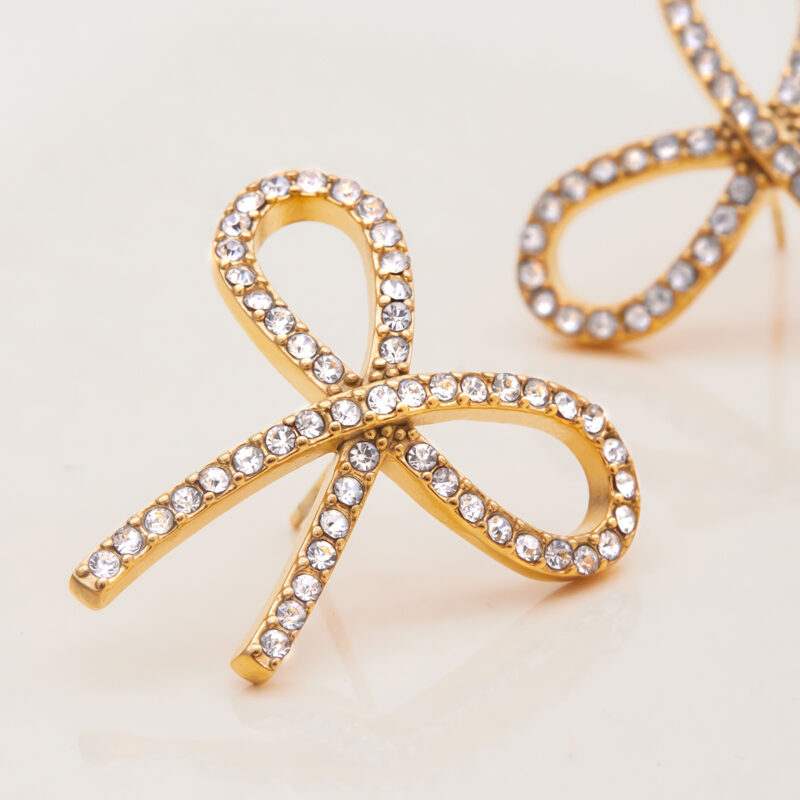 18K Gold CZ Crystal Bow Earrings - Image 3