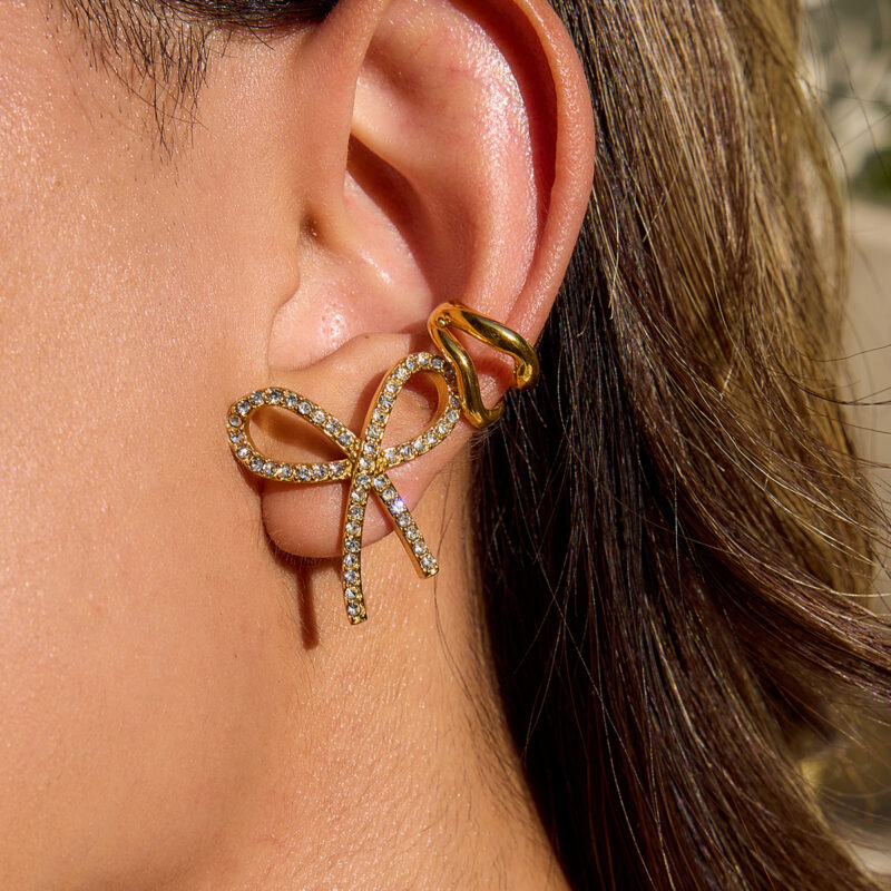 18K Gold CZ Crystal Bow Earrings - Image 2