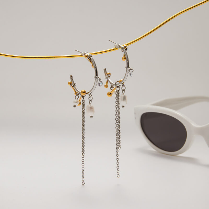 Pearl Tassel Hoop Earrings Handmade Gold Silver - Image 4