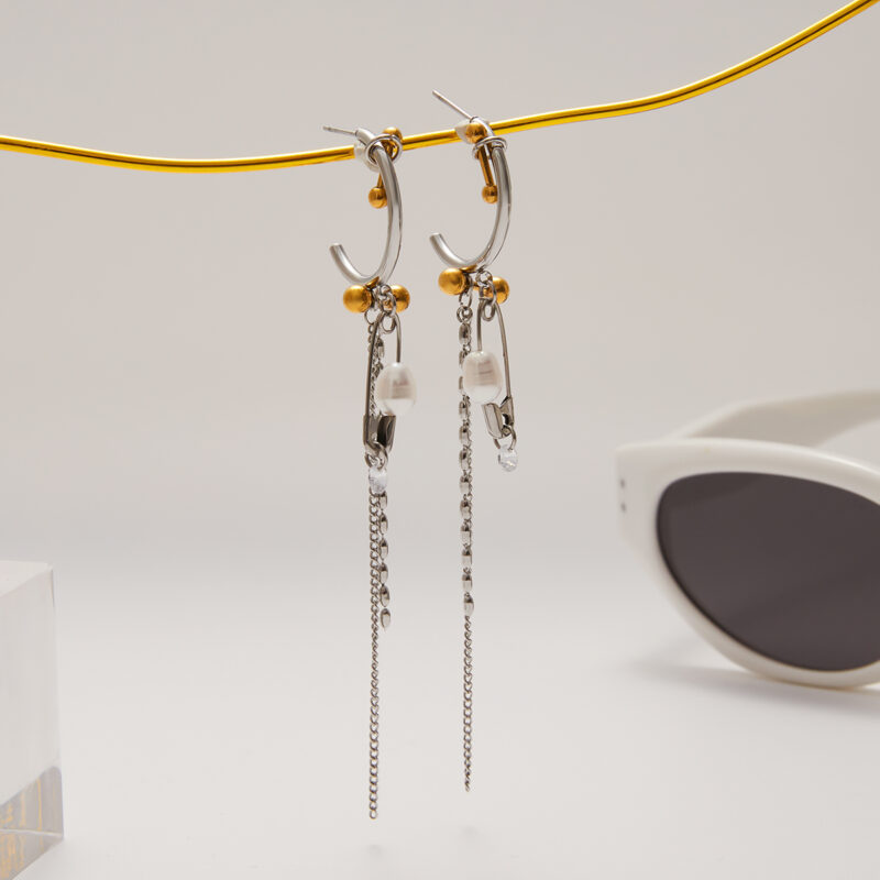 Pearl Pin Tassel Hoop Earrings Gold Silver - Image 3