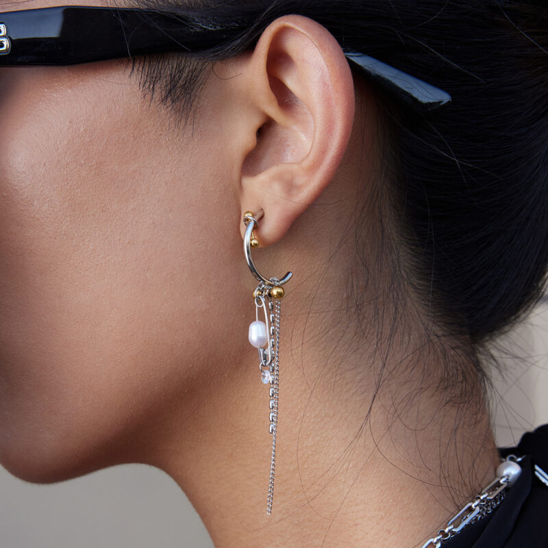 Pearl Pin Tassel Hoop Earrings Gold Silver - Image 2