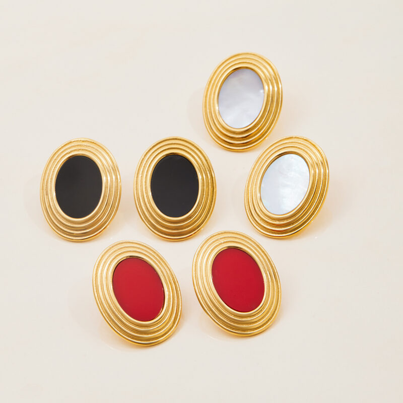 Oval Red Shell Textured Earrings Gold Steel - Image 3