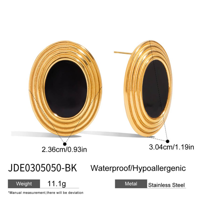 Oval Black Shell Textured Earrings Gold Steel - Image 5