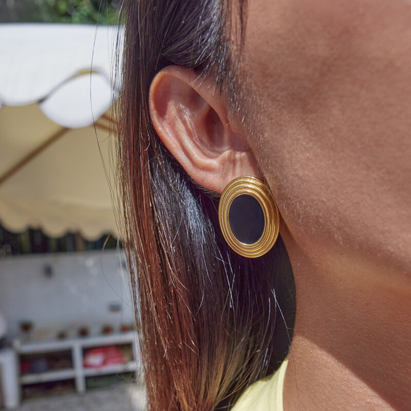 Oval Black Shell Textured Earrings Gold Steel - Image 4