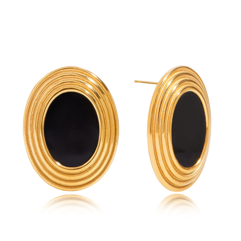 Oval Black Shell Textured Earrings Gold Steel