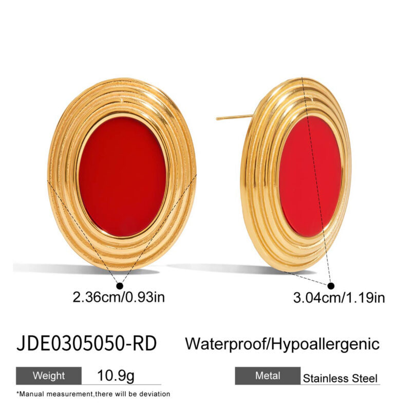 Oval Red Shell Textured Earrings Gold Steel - Image 4