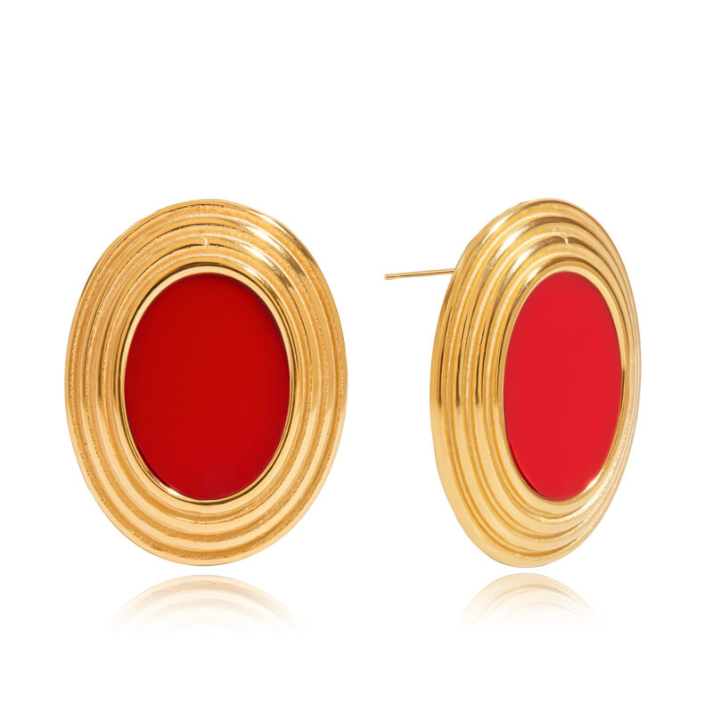 Oval Red Shell Textured Earrings Gold Steel