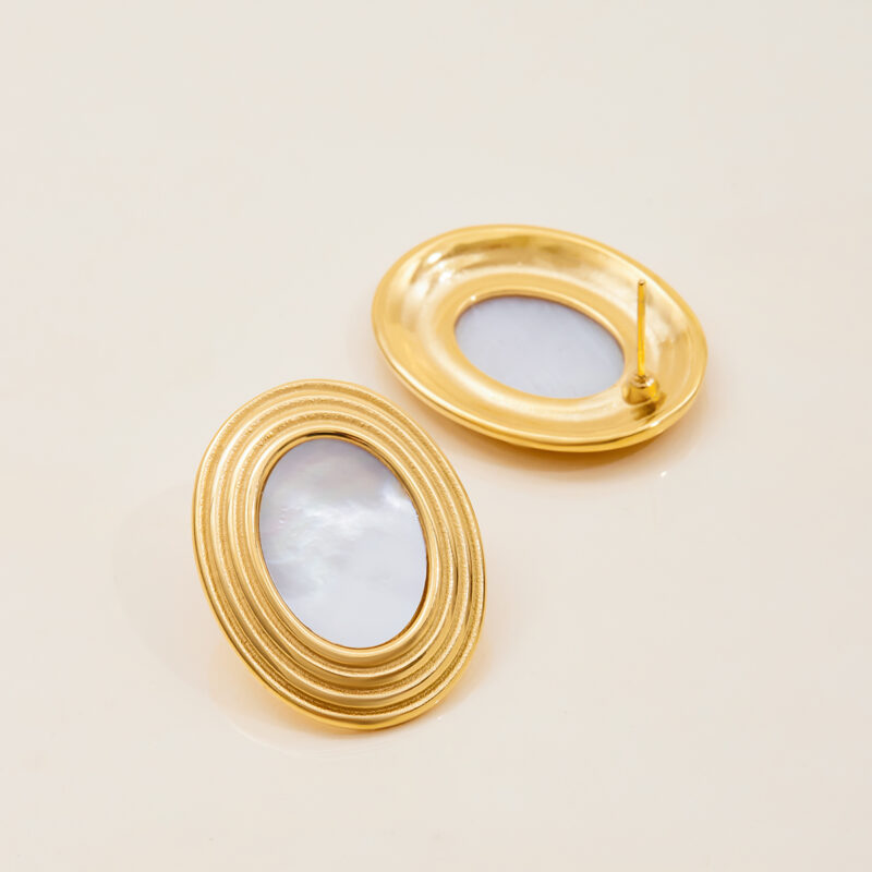 Oval White Shell Textured Earrings Gold Steel - Image 4