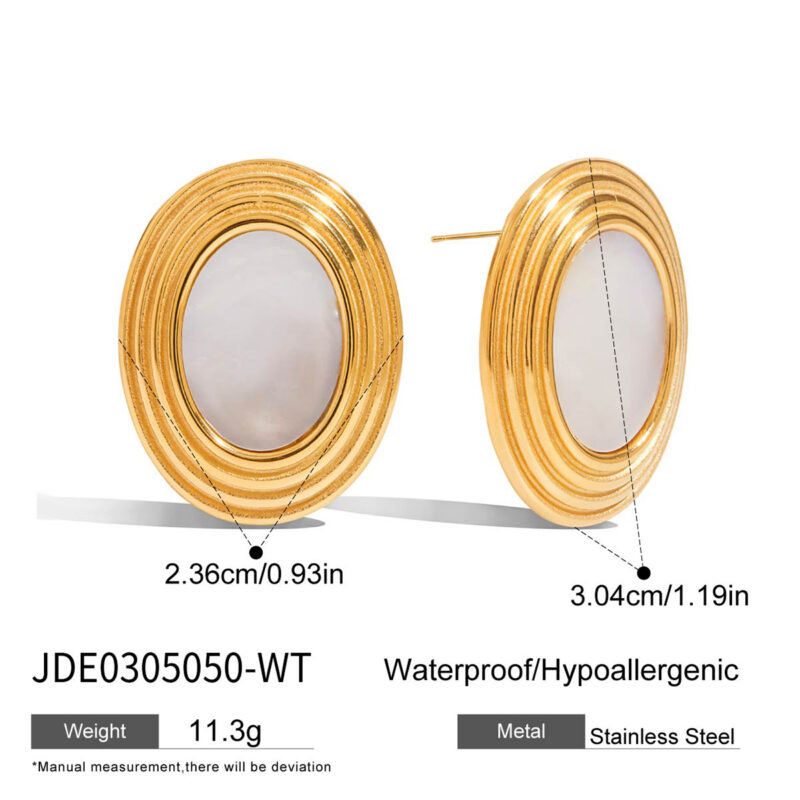 Oval White Shell Textured Earrings Gold Steel - Image 5