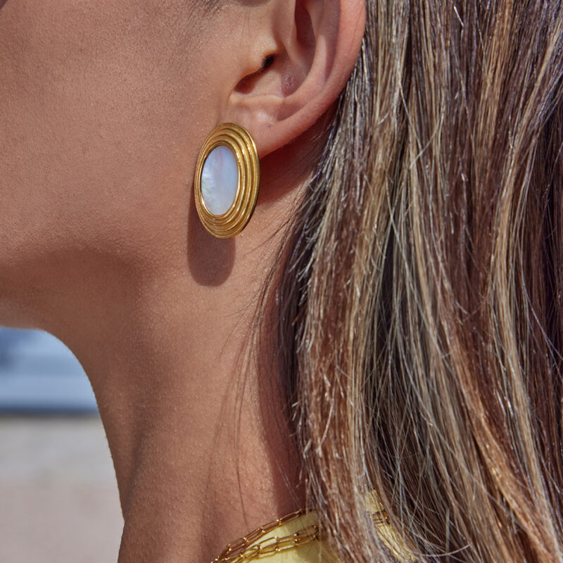 Oval White Shell Textured Earrings Gold Steel - Image 3