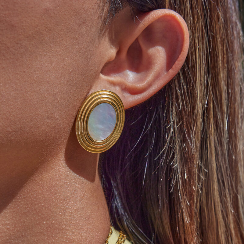 Oval White Shell Textured Earrings Gold Steel - Image 2