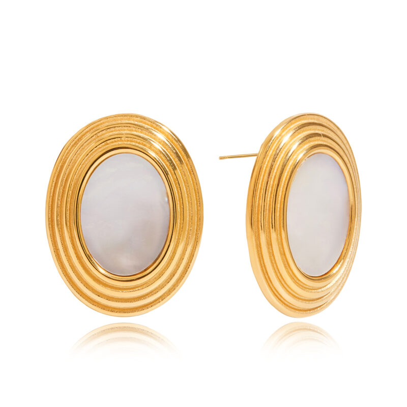 Oval White Shell Textured Earrings Gold Steel