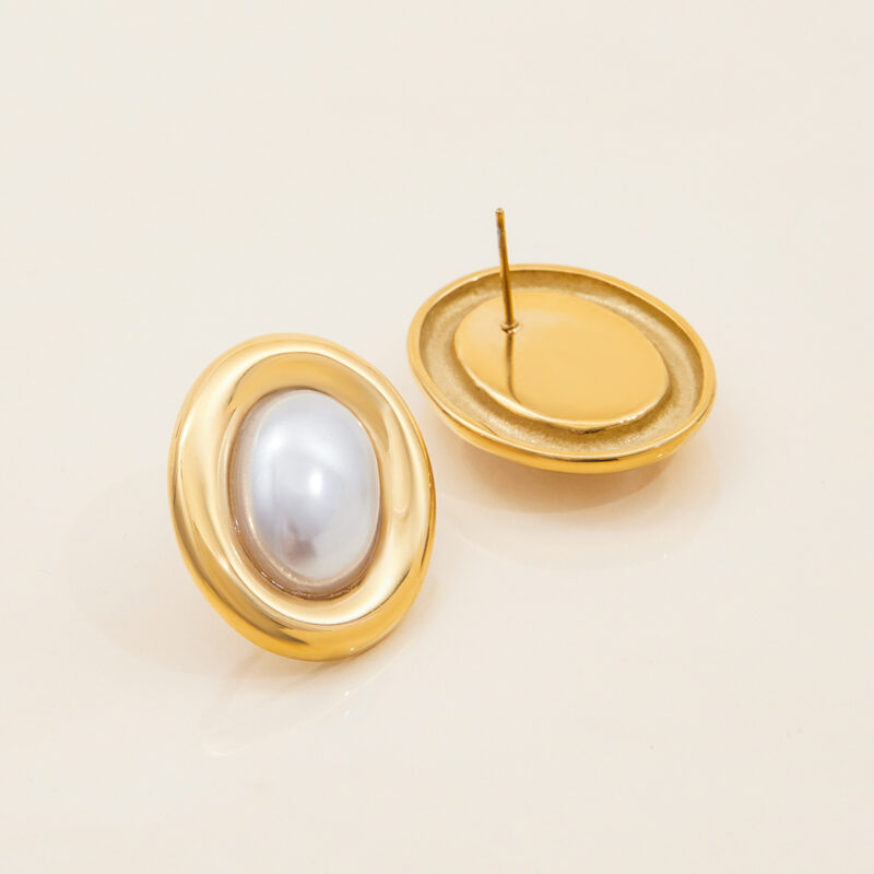 Oval Resin Pearl Drop Earrings Gold Steel - Image 5