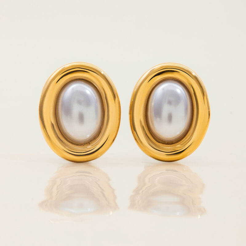 Oval Resin Pearl Drop Earrings Gold Steel - Image 6