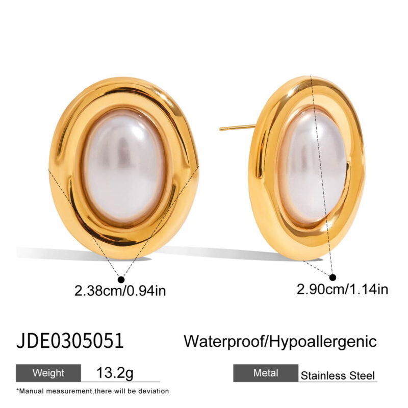 Oval Resin Pearl Drop Earrings Gold Steel - Image 7