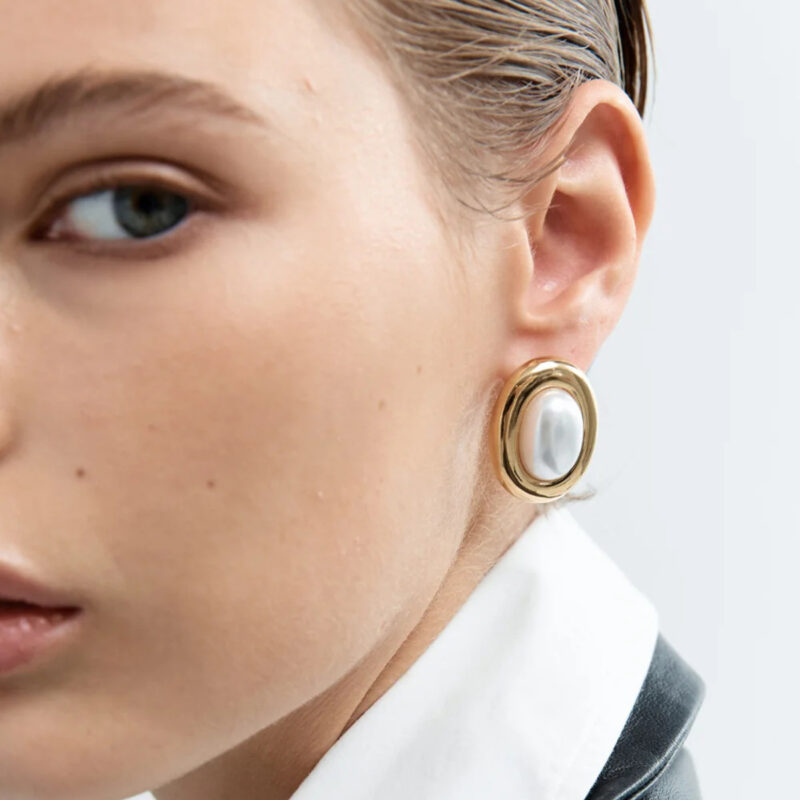 Oval Resin Pearl Drop Earrings Gold Steel - Image 2