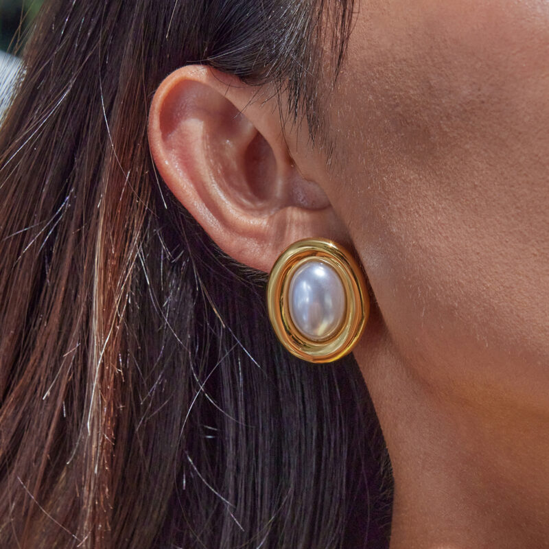 Oval Resin Pearl Drop Earrings Gold Steel - Image 3
