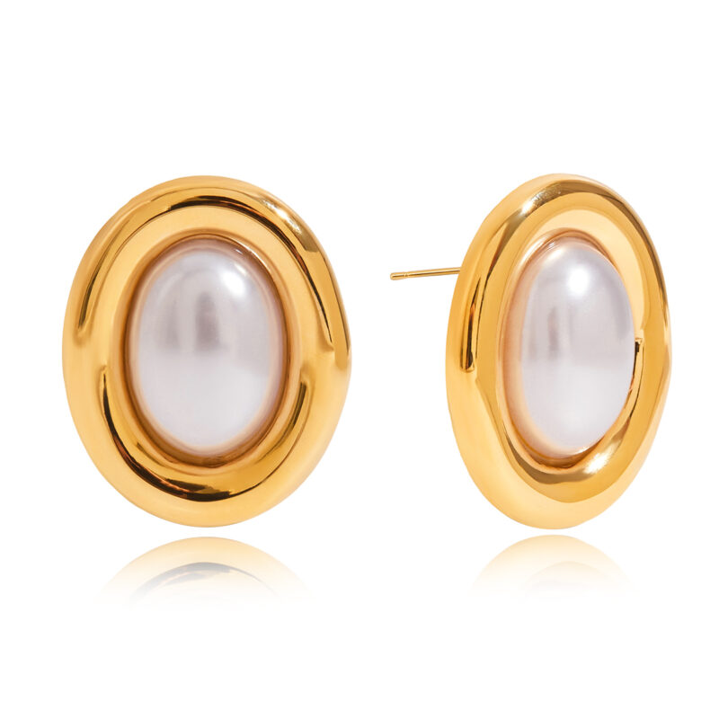 Oval Resin Pearl Drop Earrings Gold Steel