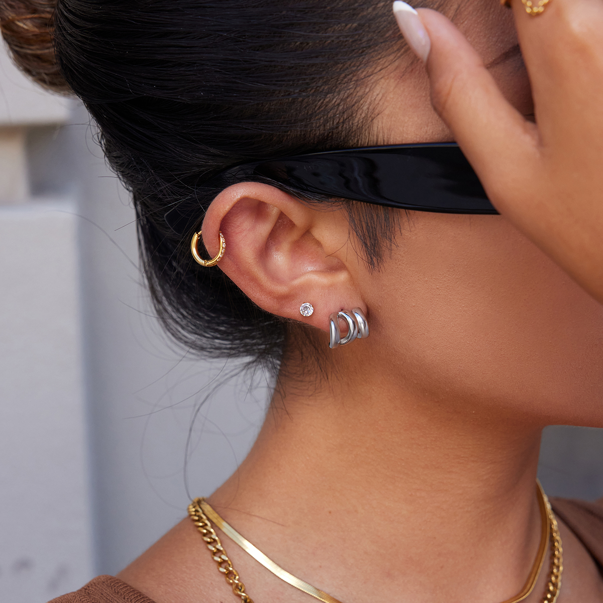 Steel Color Triple Layer Hollow Earrings - Image 3