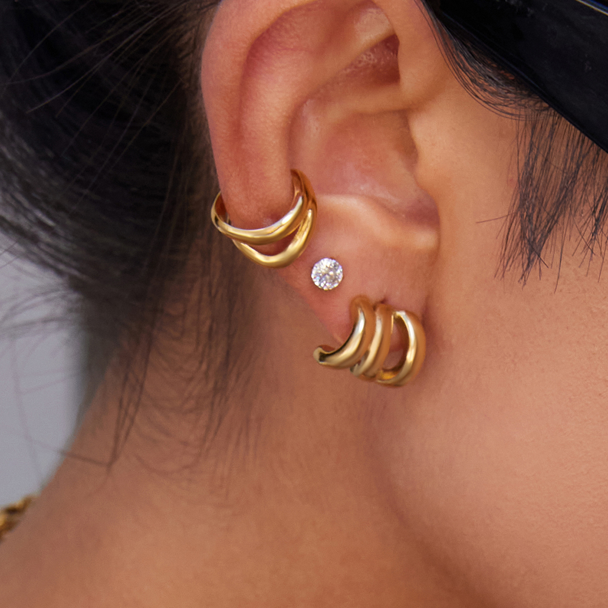 14K Gold Triple Layer Hollow Earrings - Image 3