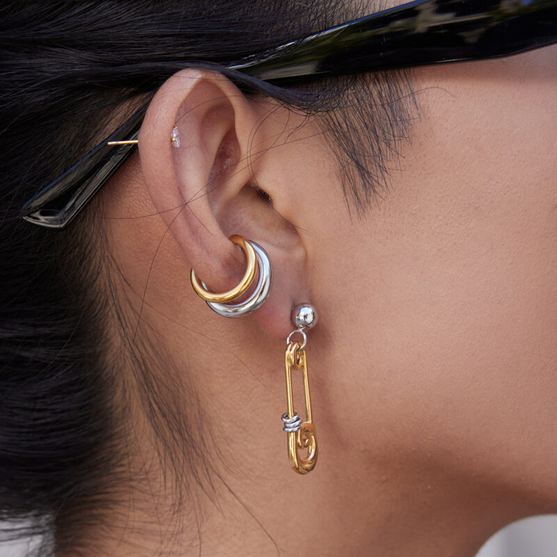 Gold Silver Pin Pattern Hoop Earrings - Image 2
