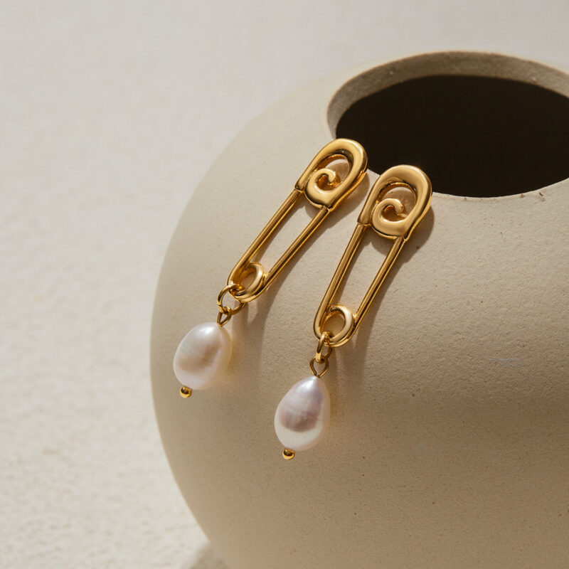 Gold Stainless Steel Pin Pearl Drop Earrings - Image 4