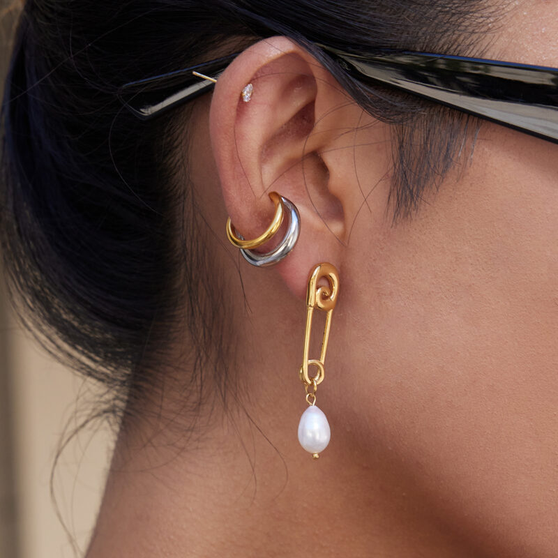 Gold Stainless Steel Pin Pearl Drop Earrings - Image 2