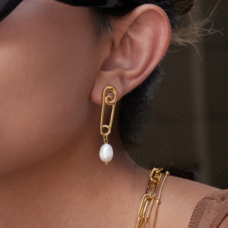 Gold Stainless Steel Pin Pearl Drop Earrings - Image 3