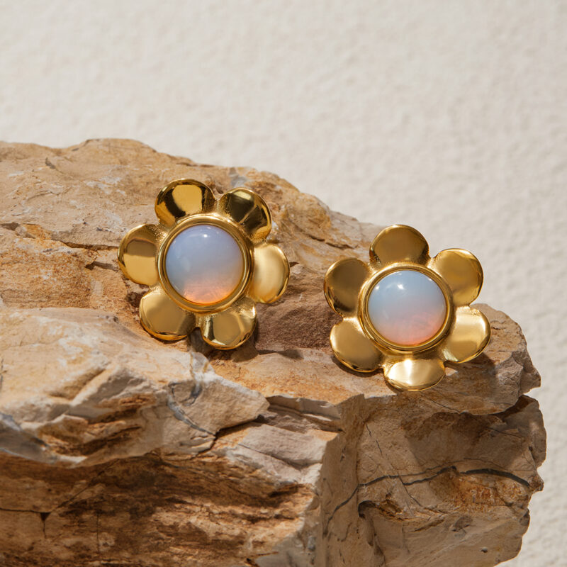 Gold Stainless Steel Opal Flower Earrings - Image 5